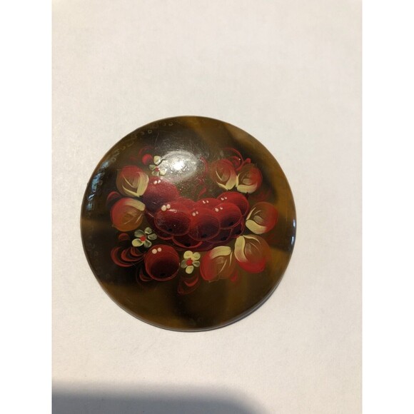 Vintage Ukraine Lacquer Brooch Pin Hand Painted Flowers Floral-Estate #7 - Picture 1 of 3